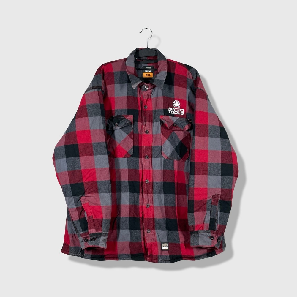 Berne Matco Tools Quilted Flannel‎ Shirt Jacket Mens 2XL Red Plaid Workwear